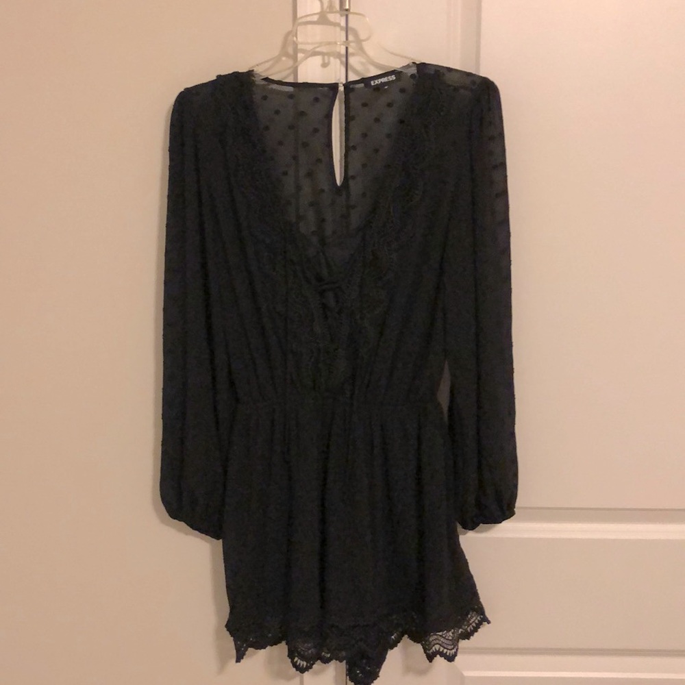 Express Black Clip Dot Sheer Chiffon Romper; tonal dot pattern and lace detail